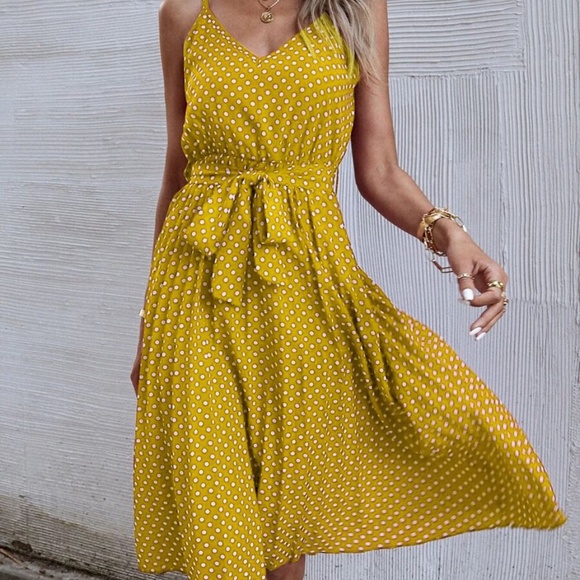 Boho Polka Dot Belted V neck Cami Dress Yellow - Picture 8 of 12